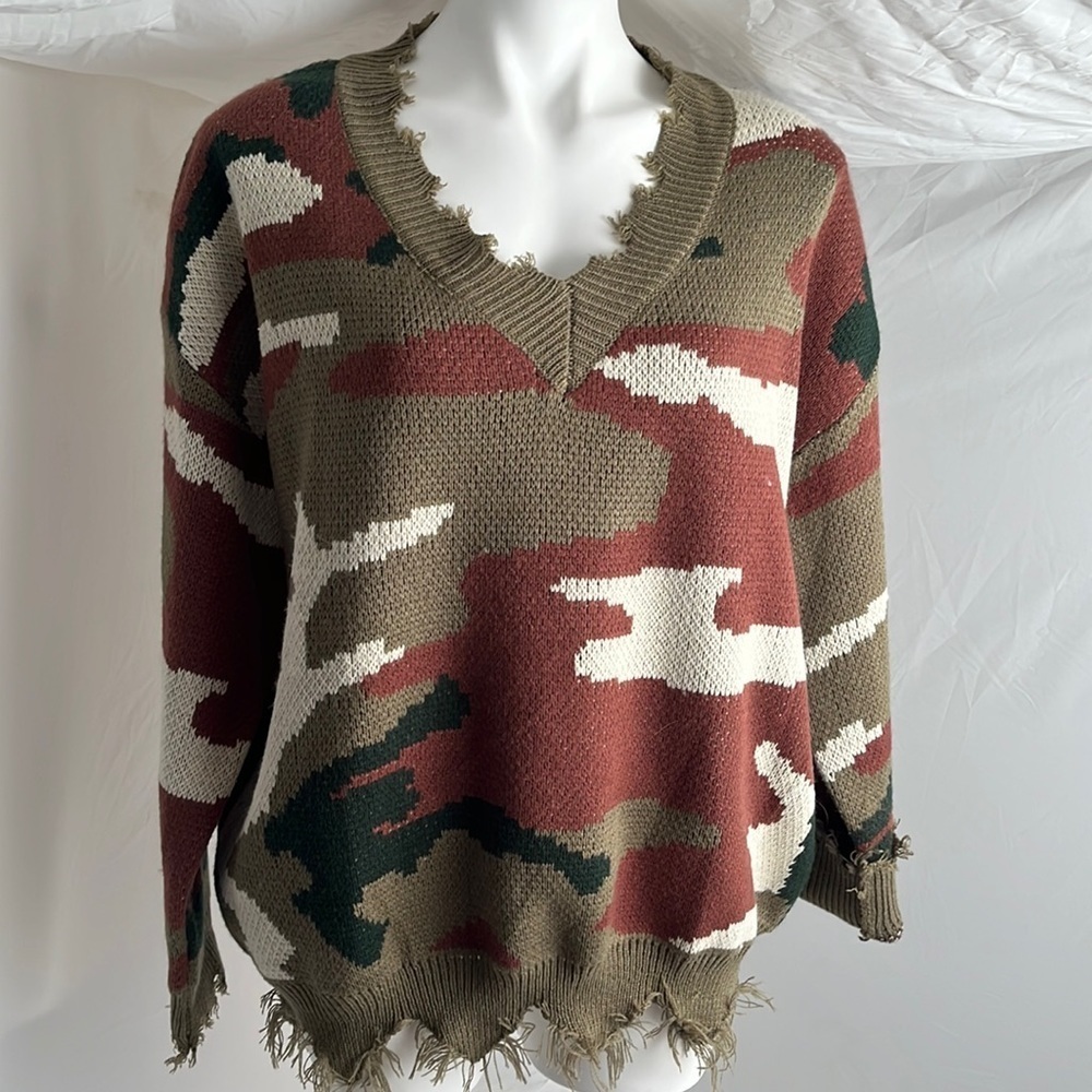 Main Strip multicolor camouflage v-neck distressed edges sweater